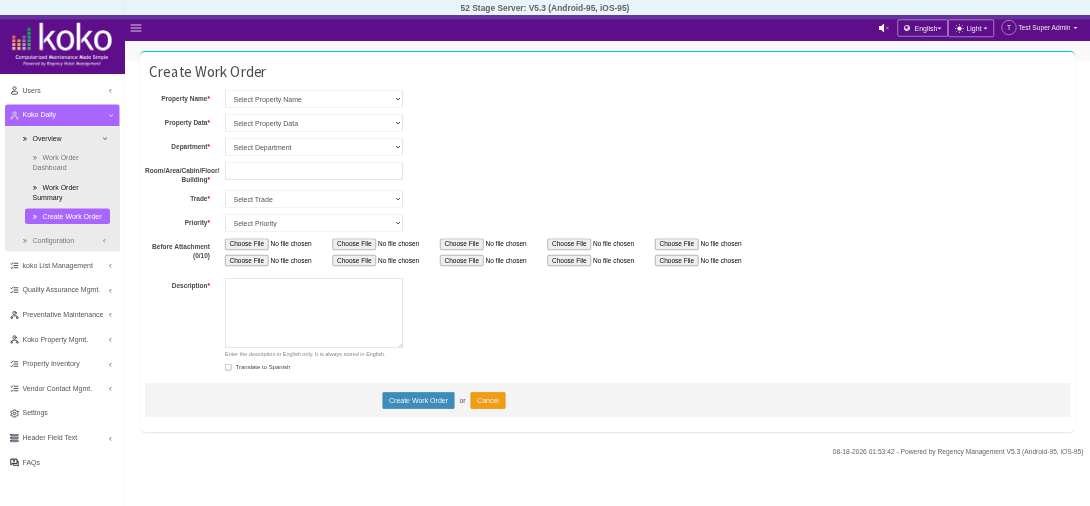 Add Work Order – English of the KOKO CMMS Work Order page mockup