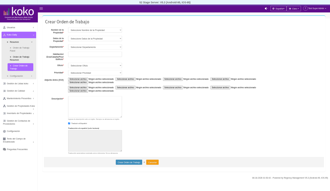 Add Work Order – Spanish of the KOKO CMMS Work Order page mockup