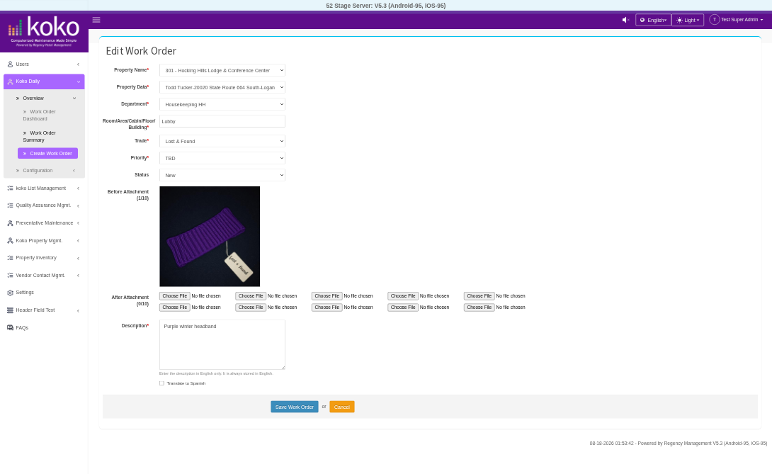 Edit Work Order – English of the KOKO CMMS Work Order page mockup
