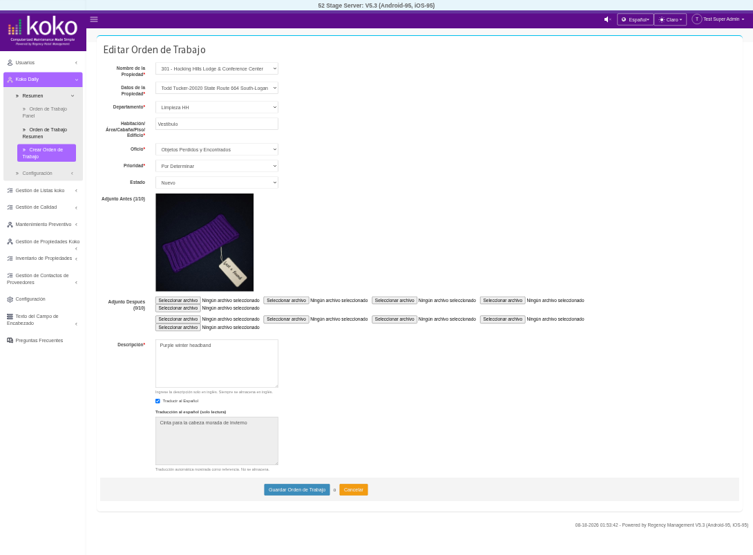 Edit Work Order – Spanish of the KOKO CMMS Work Order page mockup
