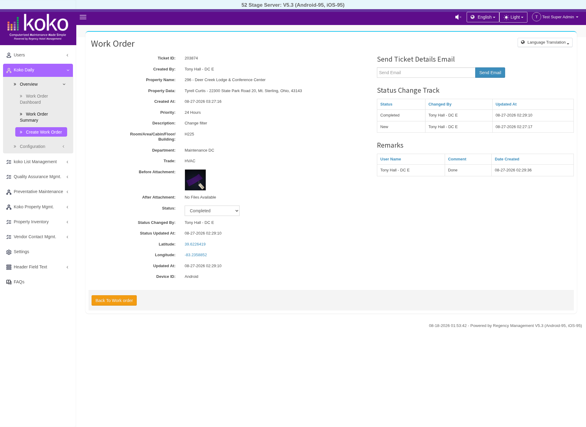 Work Order Detail – English of the KOKO CMMS Work Order page mockup