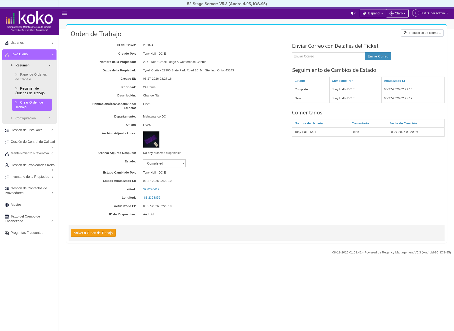 Work Order Detail – Spanish of the KOKO CMMS Work Order page mockup